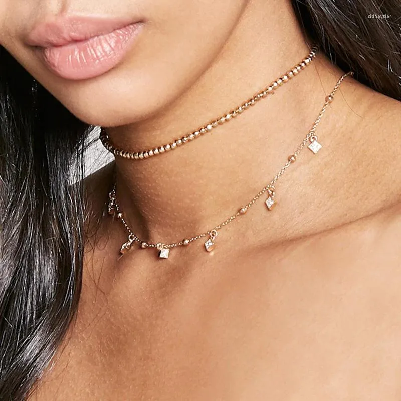 Collane con ciondolo Collana con doppio strato di cristallo quadrato per donna Squisita personalità Semplice perline rotonde Clavicola_voghion.com