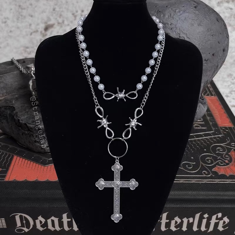 Unisex Gothic retro punk cross pearl necklace_voghion.com