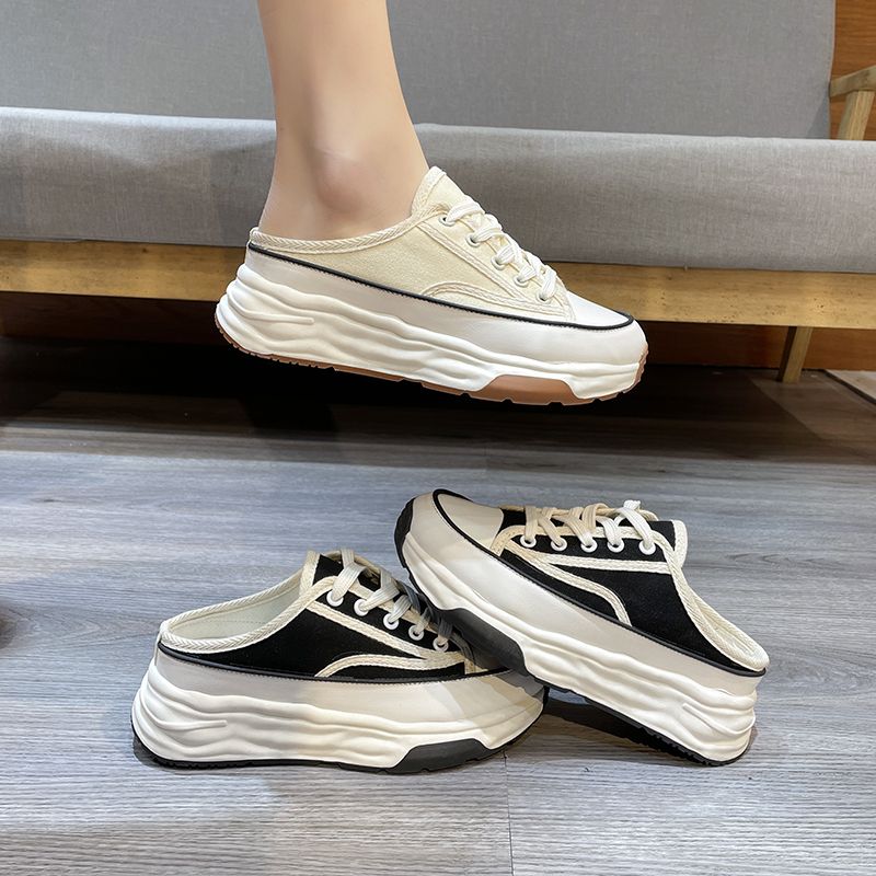 Pantofole casual in tela con lacci e stile Baotou, metà nuovo, primavera-autunno, moda donna 2023_voghion.com