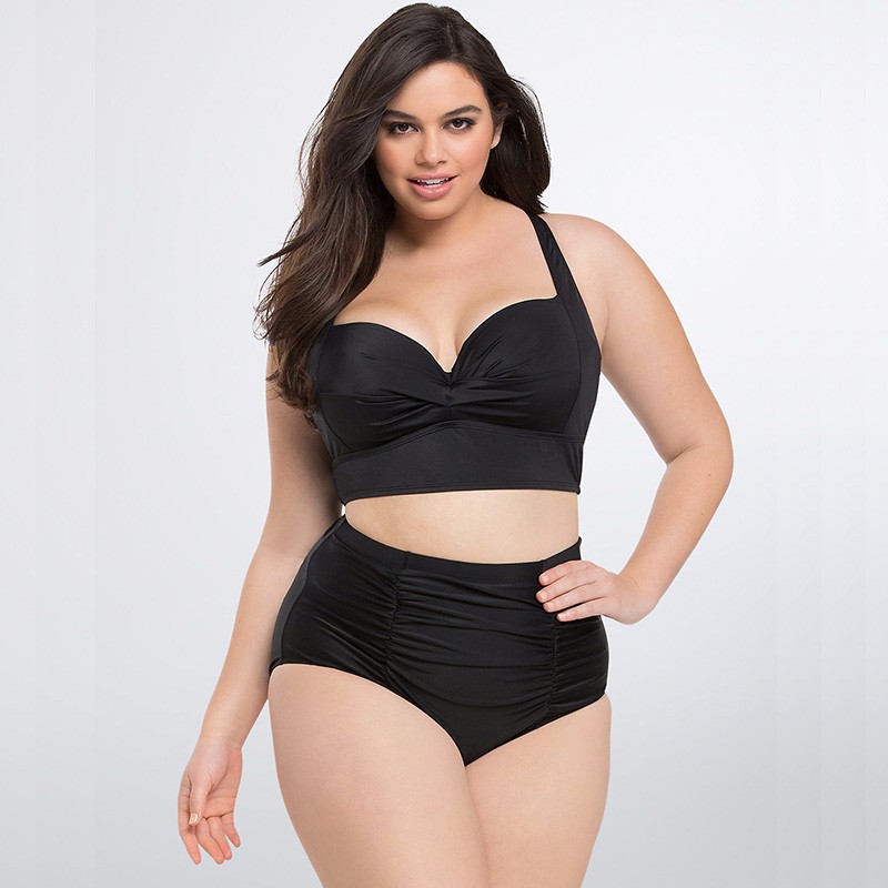 Large Size Plus Bikini Swimsuit High Waist Printed Two Piece Solid Color Women's Vacation Sexy Suit_voghion.com