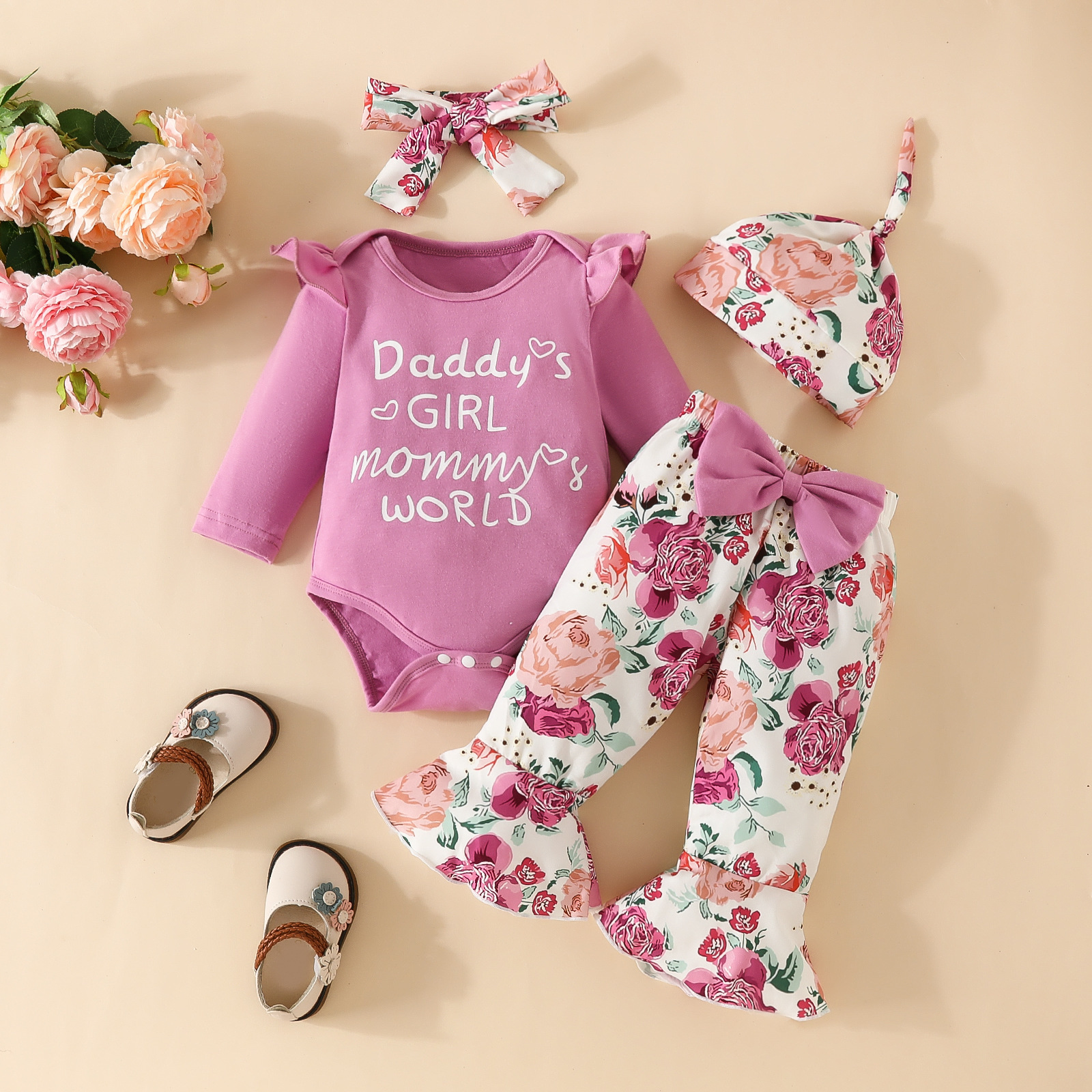 Mother & Kids Baby long-sleeved trousers four-piece set Newborn long-sleeved triangle romper flower bow flared trousers hat headband_voghion.com