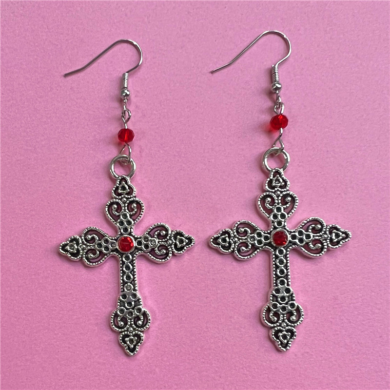 Gothic oversized detail crossed black cross with diamond earrings_voghion.com