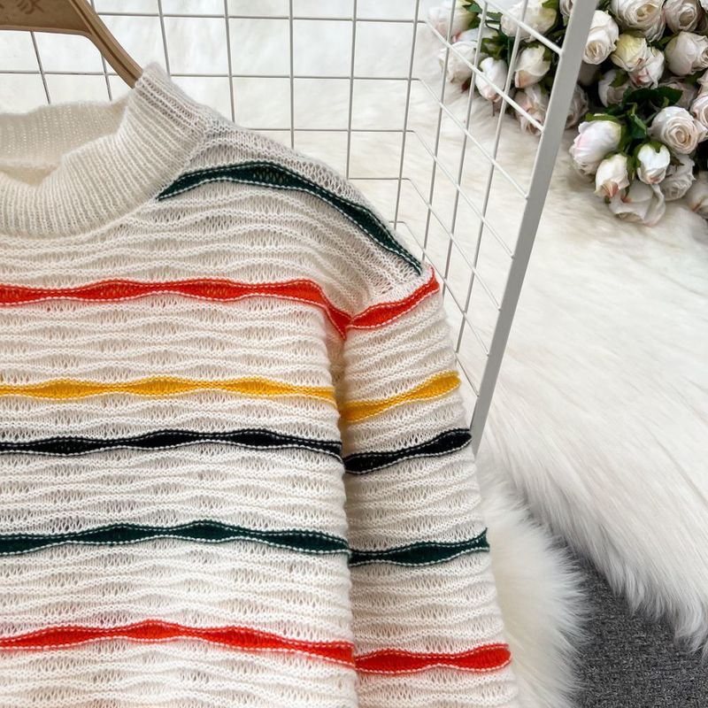 Women's fashion color contrast knit suit ice cream striped top slimming slit skirt_voghion.com