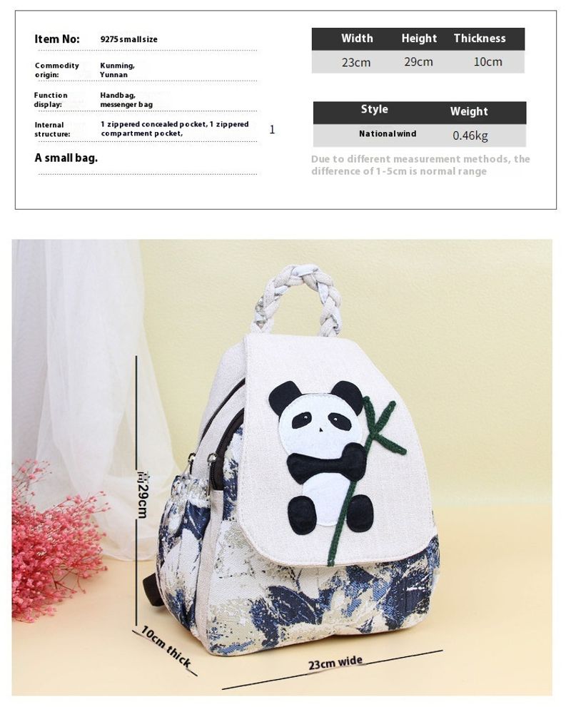 Nuovo zaino antico, piccolo, fresco, tessuto semplice, borsa panda, cerniera a doppio strato, borsa per libri in stile artistico_voghion.com