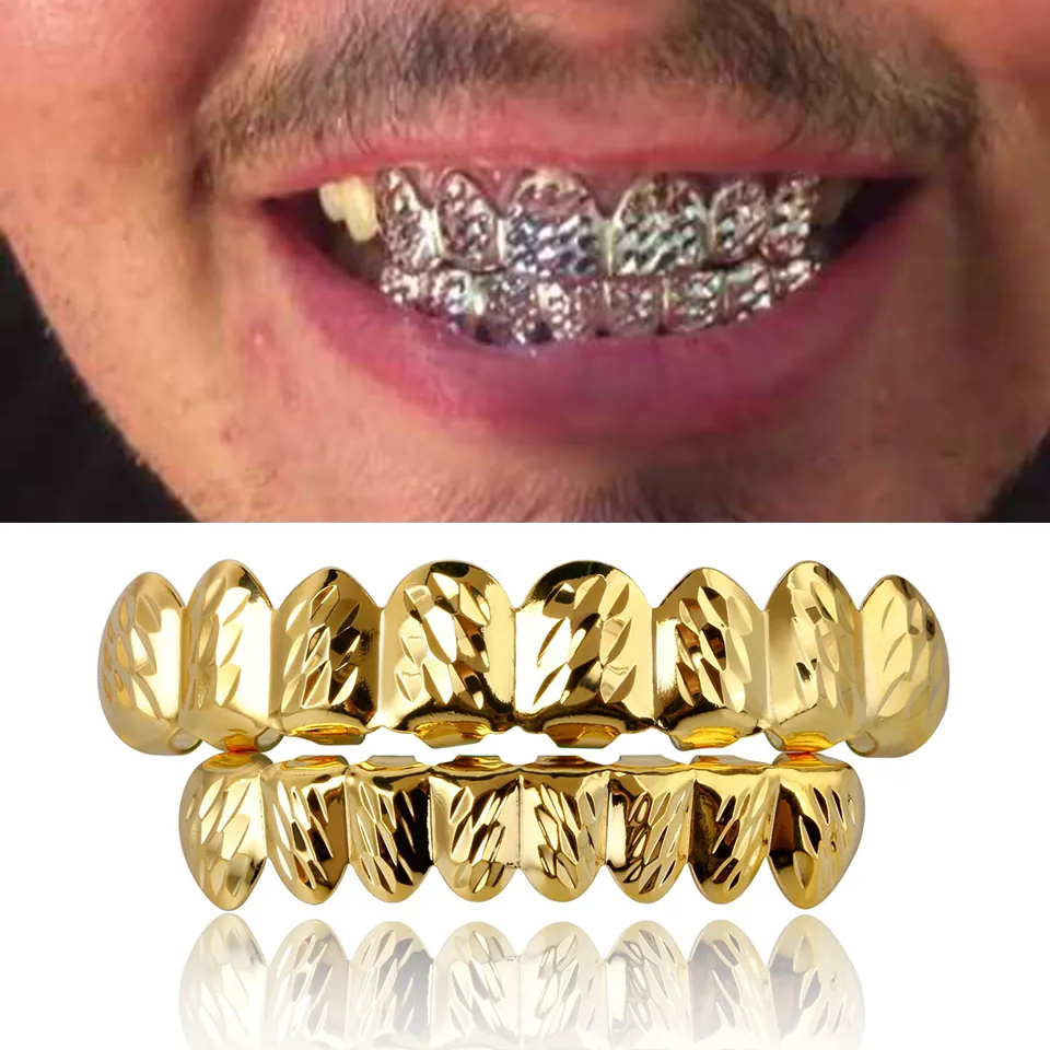 Gold Hip Hop Vampire Hammered Teeth Fang Grillz Dental Mouth Grills Braces Tooth Cap Rapper Jewelry for Cosplay Party_voghion.com