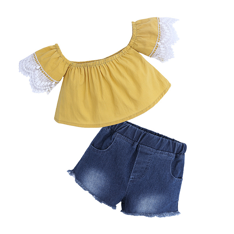 Mamma e bambini Abbigliamento per bambini Consegna di un pezzo 2024 Abiti estivi per ragazze Top alla moda con spalle scoperte Pantaloncini in denim Completo a due pezzi_voghion.com