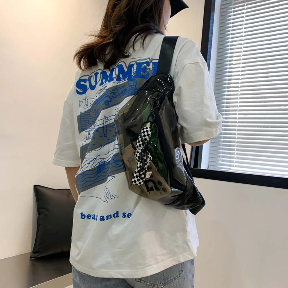 Fashion Fanny Packs Unisex Clear PVC Waist Pouch Multi-functional Letter Printed With Pendant Adjustable Buckle Strap_voghion.com