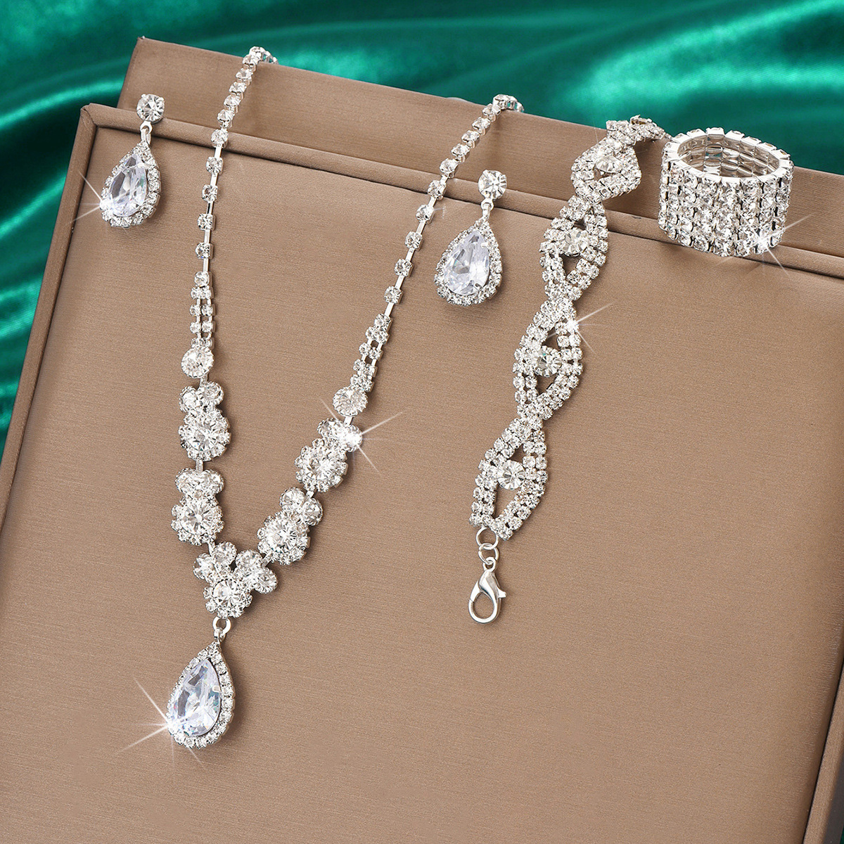 Set di gioielli da donna, alla moda, nuovo, alla moda, in oro rosa, tre pezzi, collana, orecchini, bracciale con zirconi, set da sposa._voghion.com