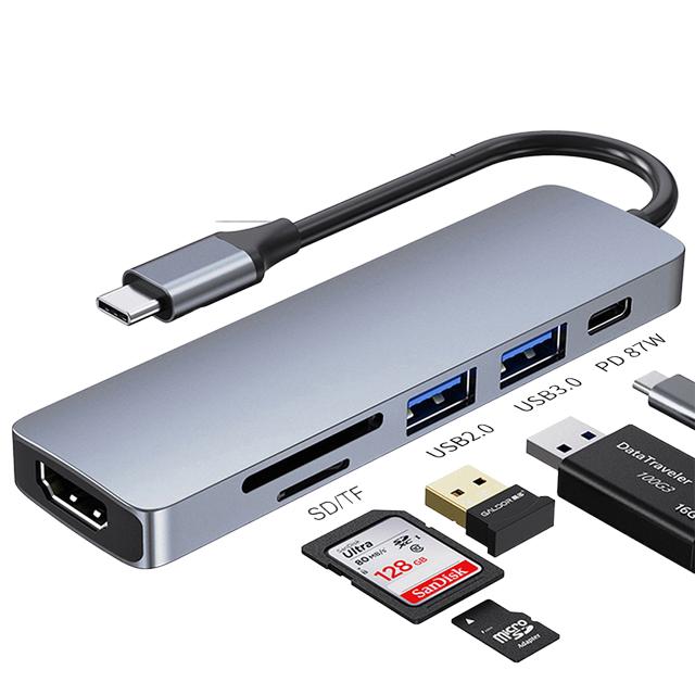 Concentrador USB C 6 en 1, adaptador USB C, estación de acoplamiento con HDMI 4K, USB 3.0, SD/TF, 87 W, PD, Thunderbolt 3 para MacBook Pro, accesorios para PC_voghion.com