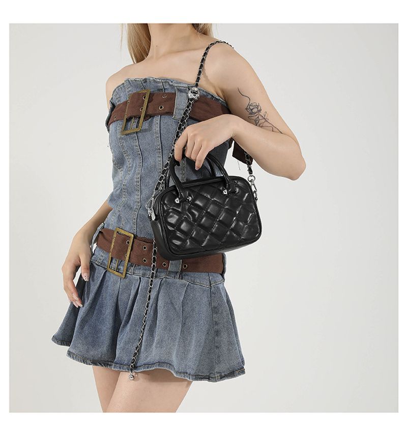 Xiaoxiangfeng Bowlingtasche Damen 2024 neue Leder Rautenkette Tasche Umhängetasche Kissentasche Handtasche_voghion.com