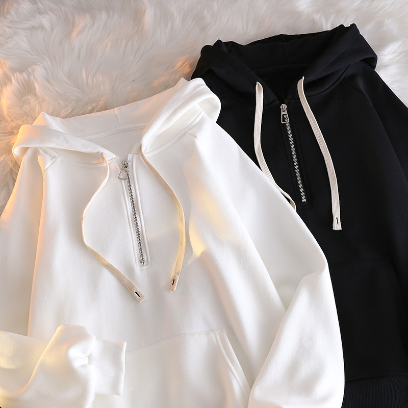 Felpa con cappuccio in pile da donna con mezza zip e vestibilità_voghion.com