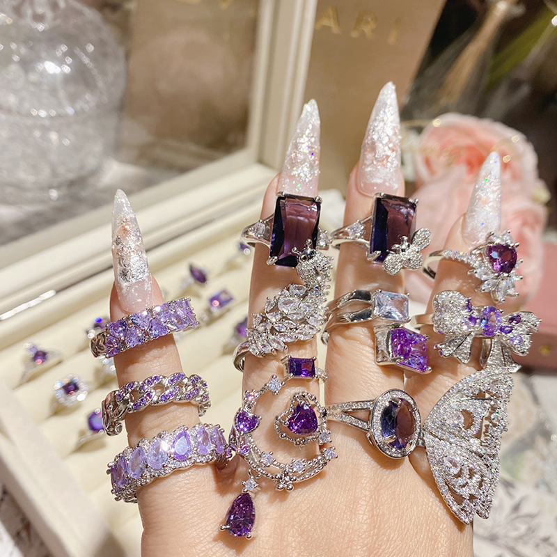 Elegant Purple Diamond Ring Gold Plated Luxurious Sparkle_voghion.com