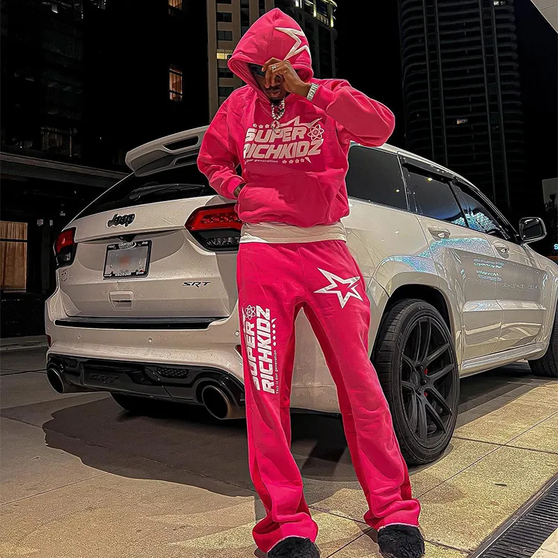Y2K Trendy Sport Star Letter Print High Street Hip Hop Sport Ocazional pentru bărbați Pantaloni de sport evazați Set două piese_voghion.com