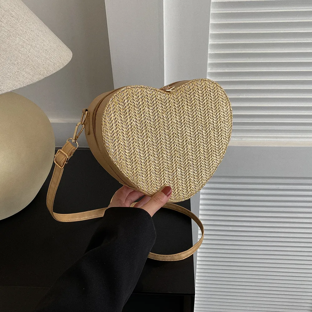 Damenmode Umhängetaschen Große Kapazität Stroh Umhängetasche Lässiger Reißverschluss Leichtes PU Einfarbig Für Die Reise_voghion.com