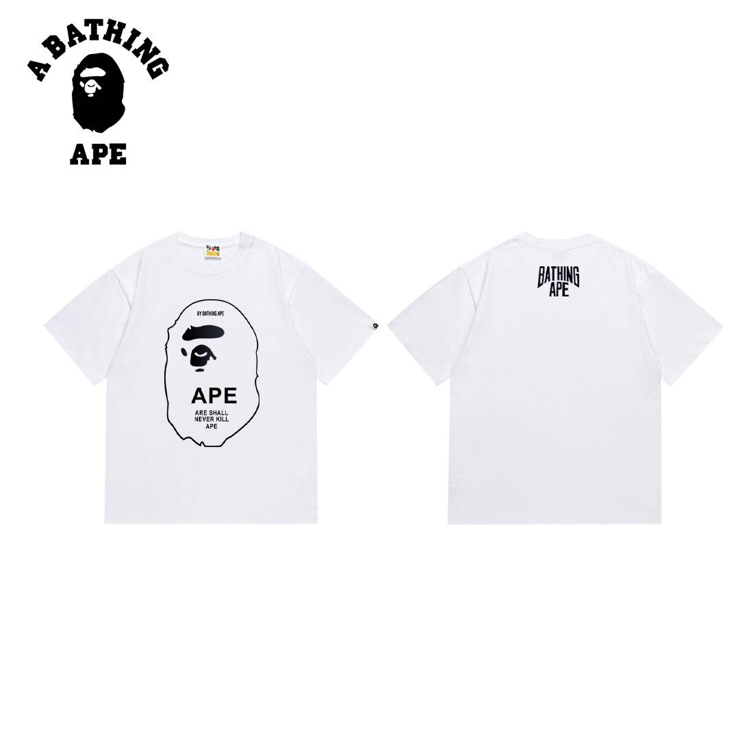 A BATHING APE BAPE-Black And White Line Headed Ape Man Logo Double-sided Printed Short Sleeved T-shirt