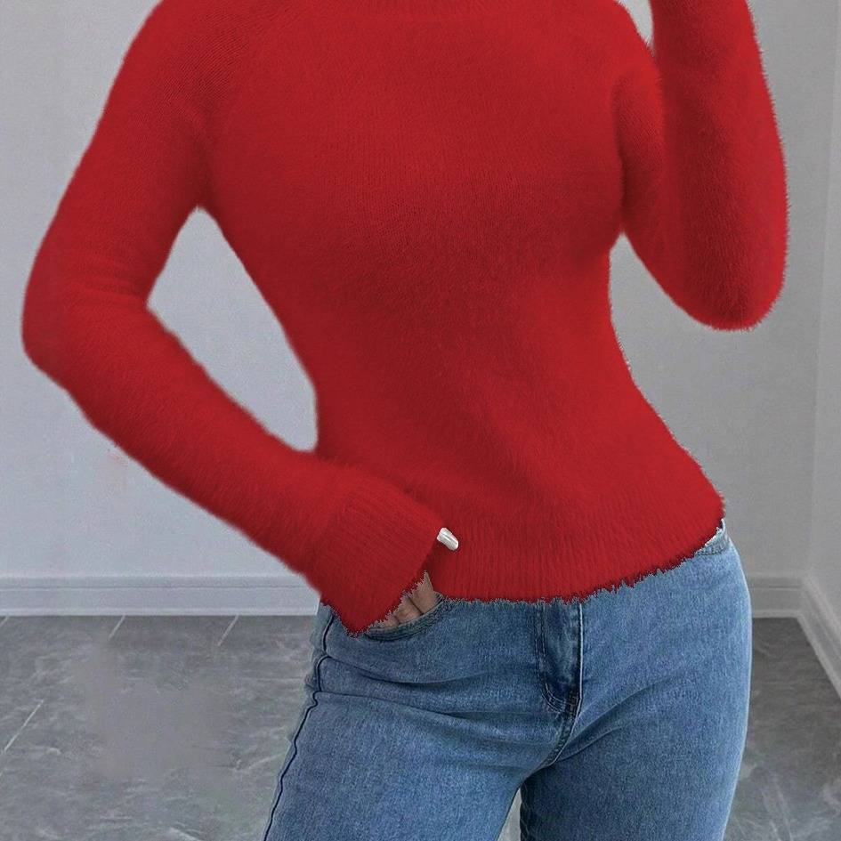 Luxury Faux Mink Soft Knit Sweater - Slim Fit Long Sleeve Turtleneck Top For Women, Elegant Fall & Winter Pullover (White, Black, Red, Deep Pink)​_voghion.com
