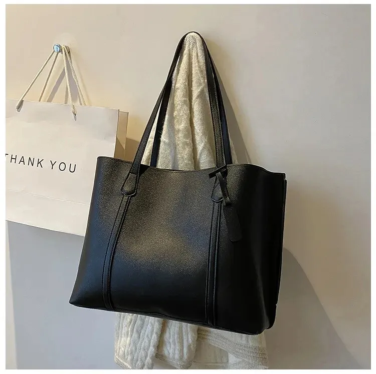 1PC black minimalist large capacity soft leather tote casual versatile shoulder bag 240822_voghion.com