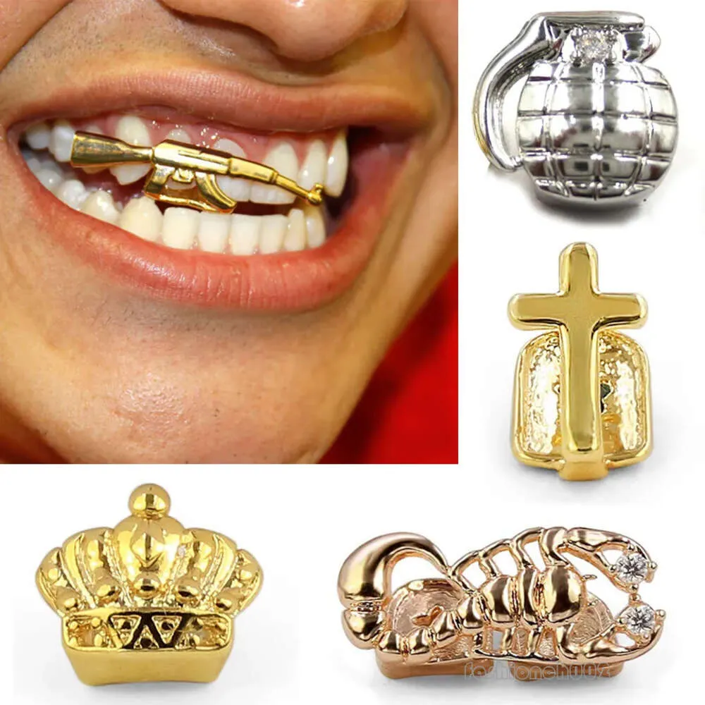 Oro Singl Tth Grillz Bracs Punk Hip Hop Corona Croce Pistola Dntal Bocca Vampir Fang Griglie Dente Cap Cosplay Costum partito_voghion.com