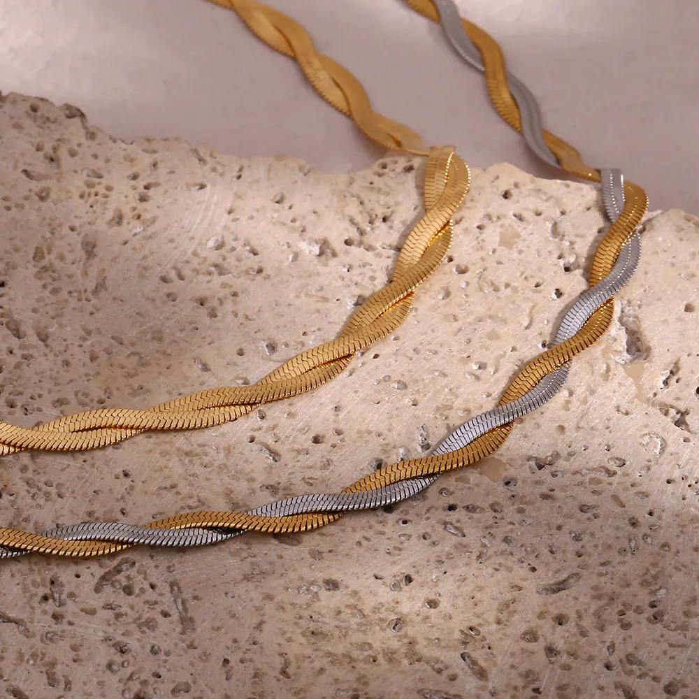 Catene in vendita Drop 2 toni Herryingbone Chain Braided Mix Choker Necklace Corta in acciaio inossidabile_voghion.com
