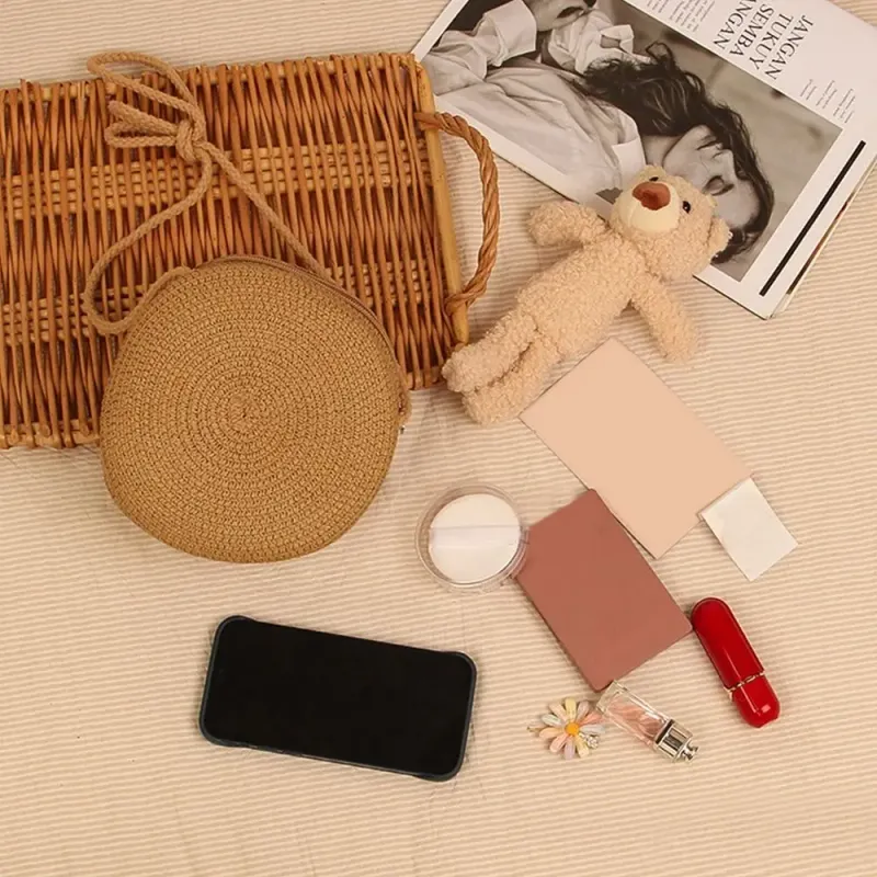 Runde Umhängetasche Stroh für Damen, gewebte Strandtasche aus Rattan, handgefertigt, gestrickt, kleine Handtasche in_voghion.com