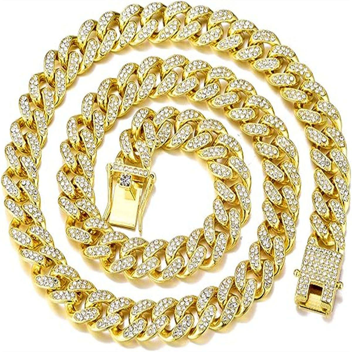 Unisex Street Dance Rapping Accessories Full Diamond Big Gold Cuban Chain Cool Hip-Hop Necklace