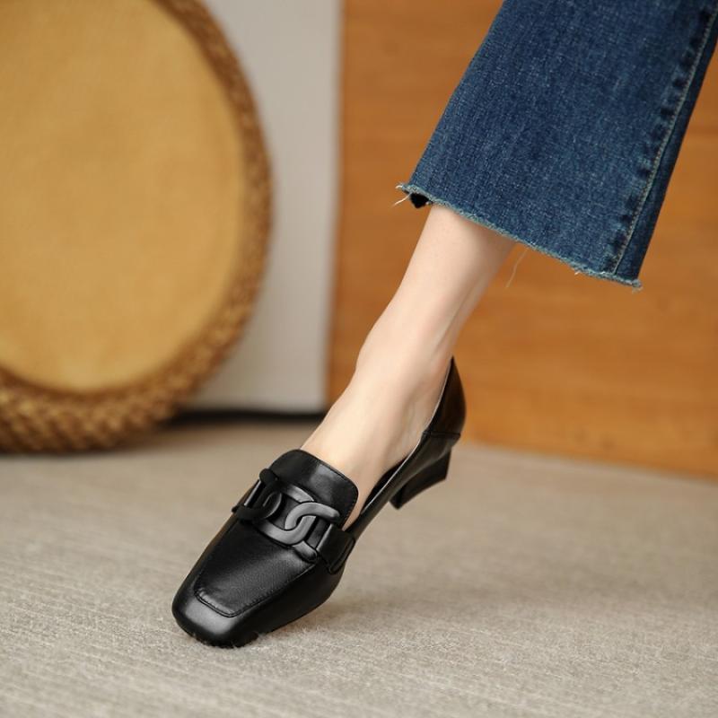 Women's Leather British Style 2022 Spring And Autumn New Chunky Heel Loafers Slip-On Mid-Heel Shoes_vogvips.com
