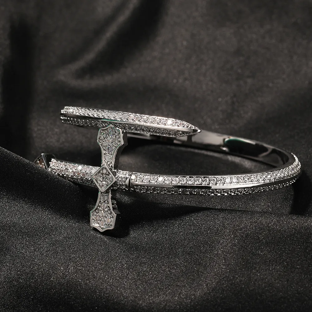 2024 New Sword Justice Gold Sier Color Cubic Zircon Cross Bracelet men Women Men Hip hop Jewelry_voghion.com