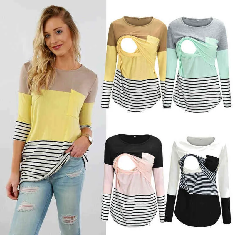 Women Pregnant Maternity Clothing Nursing Tops Breastfeeding Striped T-shirt Mom Long Sleeve S/M/L/Xl/Xxl L220801_voghion.com
