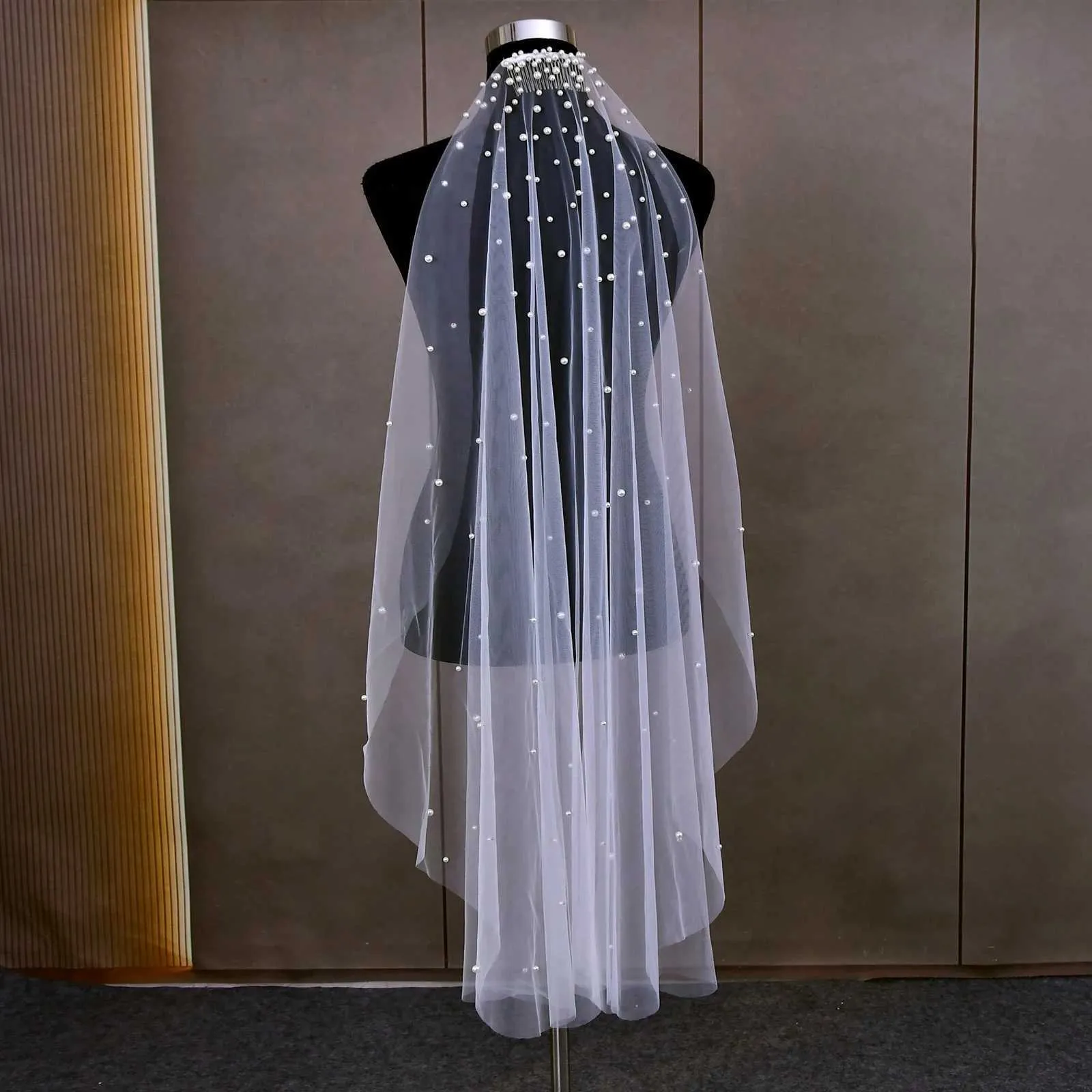 Voile de mariée à un niveau, perles, dégradé, accessoires pour cheveux, mantille de mariage pour église, V180_voghion.com