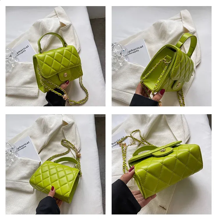 Bolso de hombro a cuadros de moda, informal, con correa de cadena, cruzado, de piel sintética, pequeño, con asa superior, 240830_voghion.com