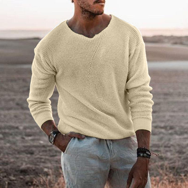 Modieuze gebreide casual loszittende trui, trui met V-hals en lange mouwen, oversized herenkleding_voghion.com