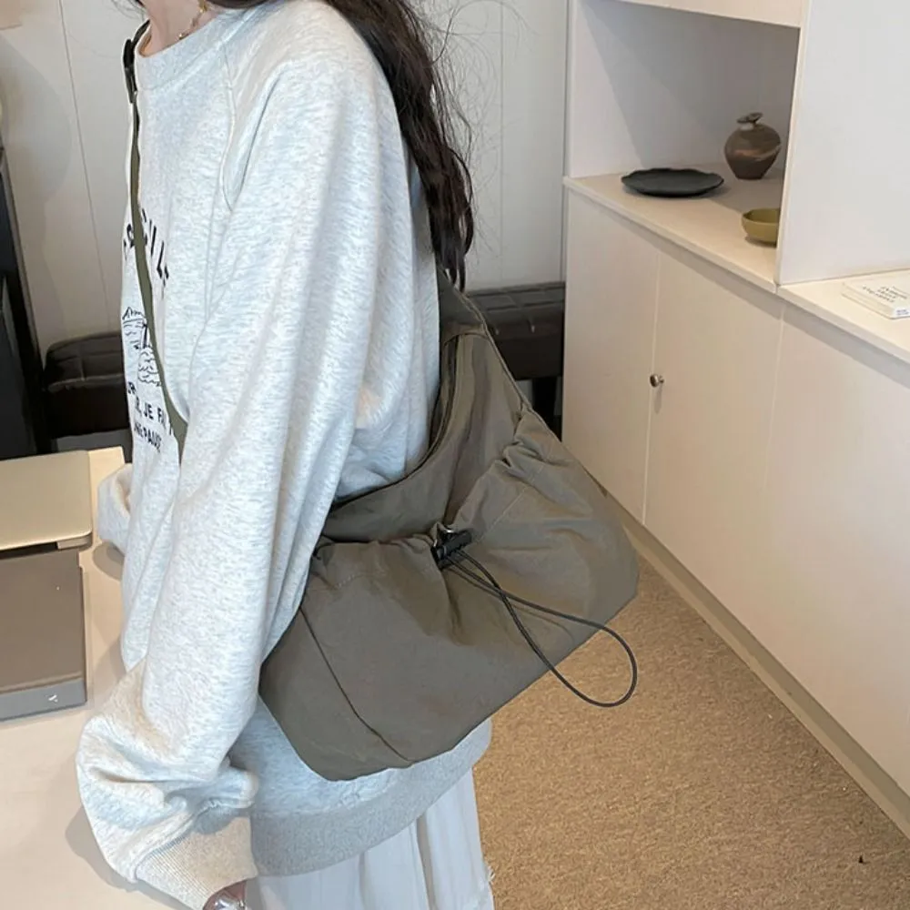 Borsa a tracolla in tela stile coreano con tracolla regolabile in nylon con coulisse e tracolla in tinta unita_voghion.com