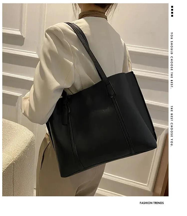 1PC black minimalist large capacity soft leather tote casual versatile shoulder bag 240822_voghion.com