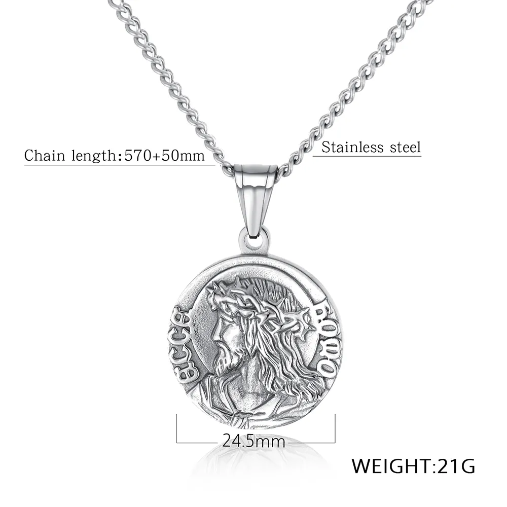 Collana con ciondolo con motivo Gesù inciso in acciaio inossidabile 316, gioielli religiosi da uomo e da donna_voghion.com