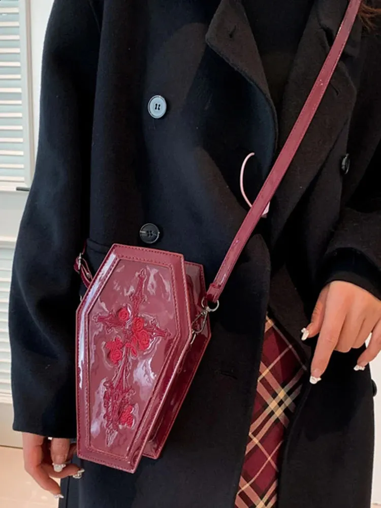 Sac à main en forme de cercueil pour femme, pochette à bandoulière gothique fantaisie rose, sac à main décontracté, cadeau d'Halloween 240823_voghion.com