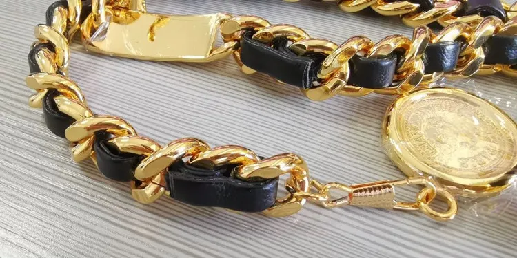 Gürtel Barock vergoldet Kupfer Schlange K Kalbsleder Taille Ketten mit Münze Anhänger Vintage schwarzes Metall echtes Leder_voghion.com
