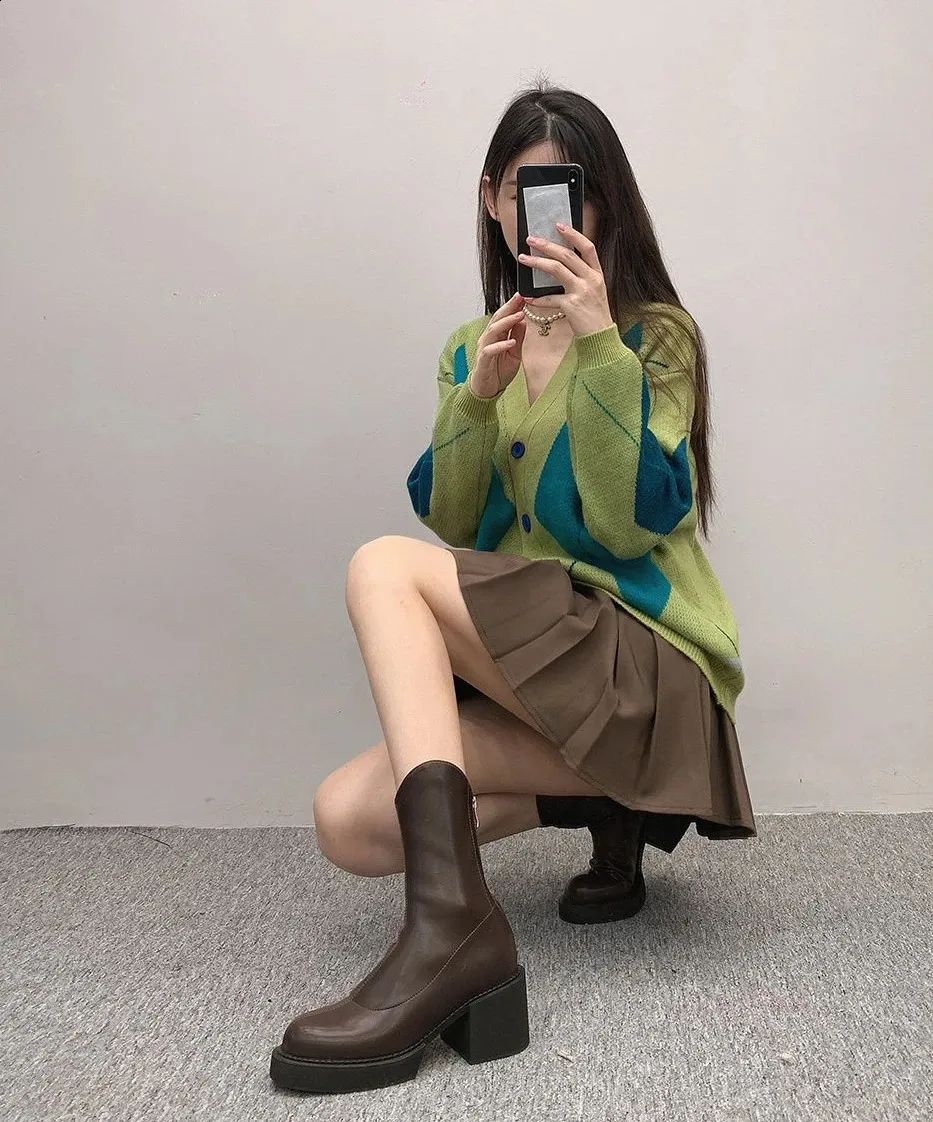 High ankle work very high heels brown short and chubby platform womens waterproof boots black Pu 240911_voghion.com