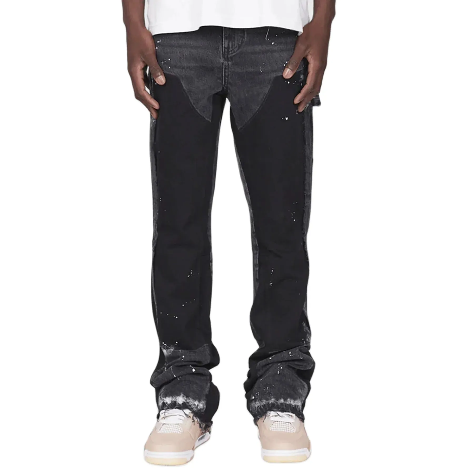 Men's Hand-Painted Flared Jeans - Black With Contrast Color Block Design, Retro Bootcut Trousers, Street Style Denim_voghion.com