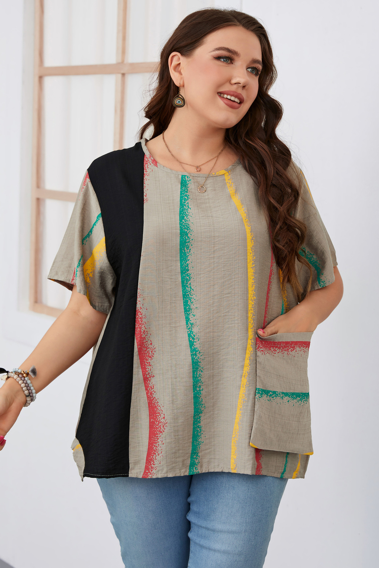 Women's striped contrast color large size women's shirt slim round neck women's clothing_voghion.com