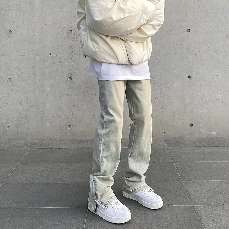 New High Street Washed Used Yellow Mud Dyeing Zipper Split Jeans Men's Straight Tube Casual Micro Pull Pants Trendy_voghion.com