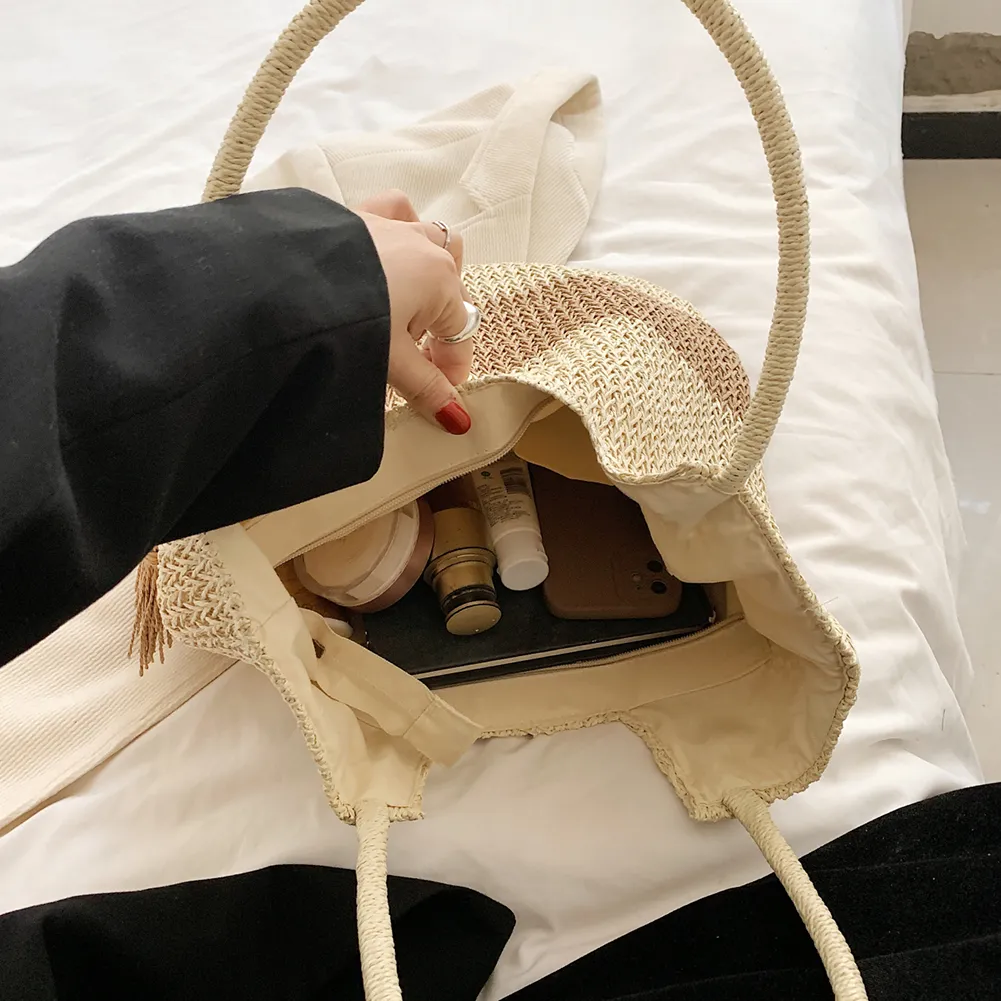 Summer Beach Bags Contrast Color With Tassels Straw Woven Bag Large-Capacity Handmade Fashion Casual Simple For Seaside_voghion.com