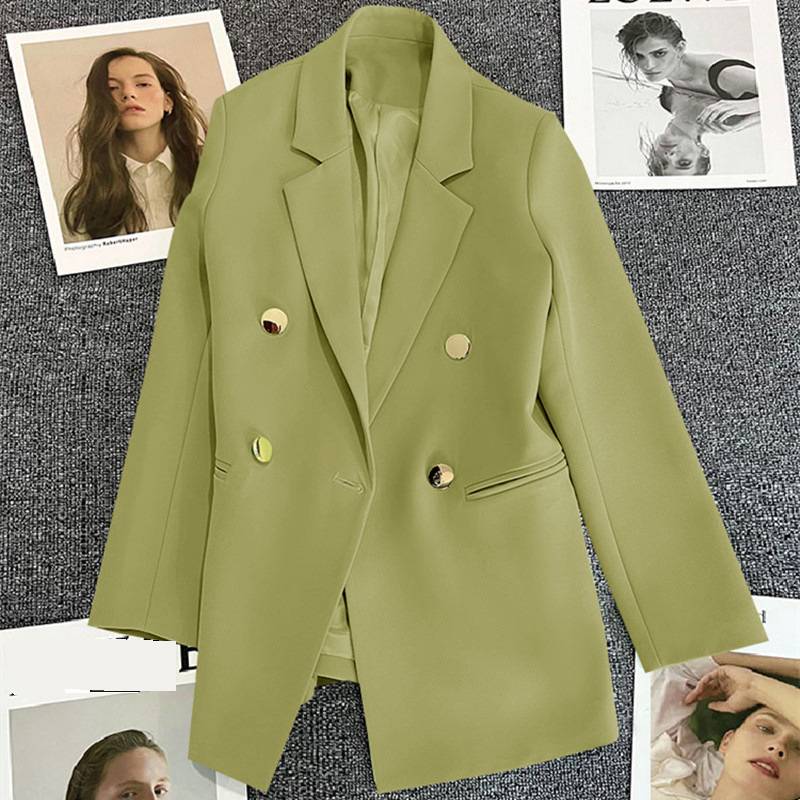 Dames blazer casual colbert in melkwit met groene gesp_voghion.com