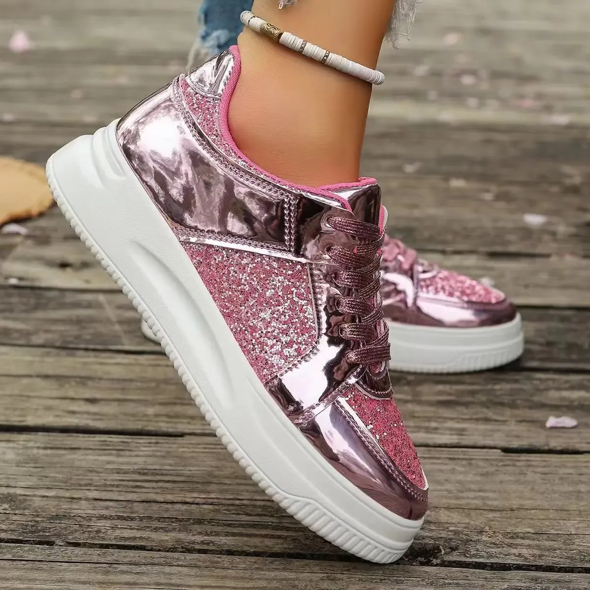Women's Gold Sequins Platform Sneakers Autumn Fashion Casual Sports Thick Bottom Vulcanized Woman Flats Heels Shoes_voghion.com