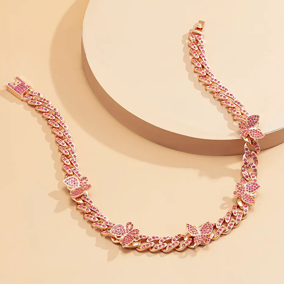 Collana a farfalla punk ghiacciata, 1 pezzo, catena cubana a forma di farfalla, con ciondolo a forma di cuore, stile rapper, bracciale e collane._voghion.com