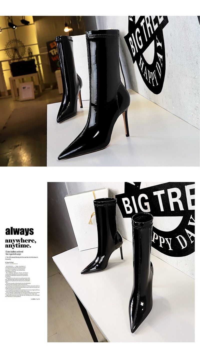 315 13 Fashion Sexy Nightclub Shiny Lacquer Leather Elastic Show Thin Pointed Short Winter Slim Boots_voghion.com