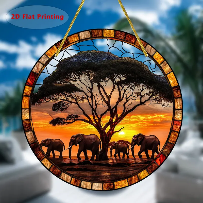 One Piece, A 2D Printed Round Acrylic Dusk Elephant Colorful Garden Sun Catcher._voghion.com