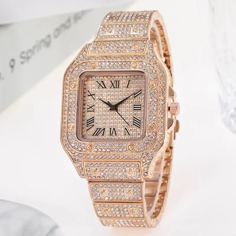 Montre carrée à quartz pour homme avec bracelet en acier et étoile du ciel incrustée de diamants, style européen et américain, à échelle romaine_voghion.com