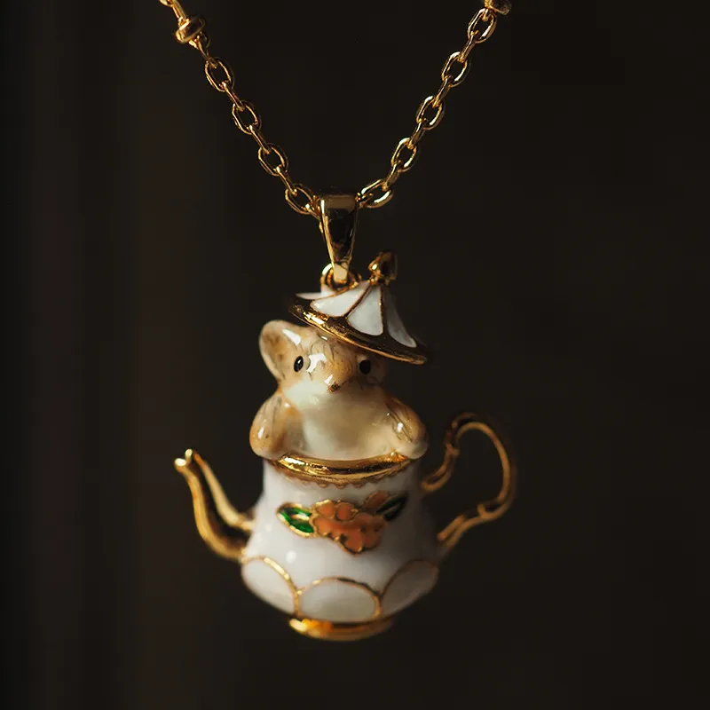 Lovely Cartoon Tea Cup Chipmunk Designer Earrings Necklaces Jewelry Set For Women Girls Cute Mouse Retro Vintage Gold_voghion.com