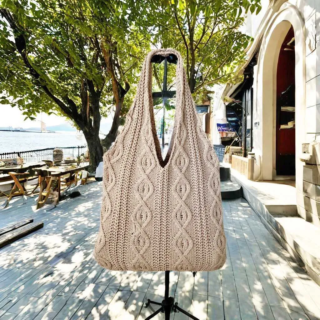 New Vintage Wool Knitted Hand Woven Shoulder Bag For Women Casual Shopping Handbag Large Capacity Female hetC241105_voghion.com