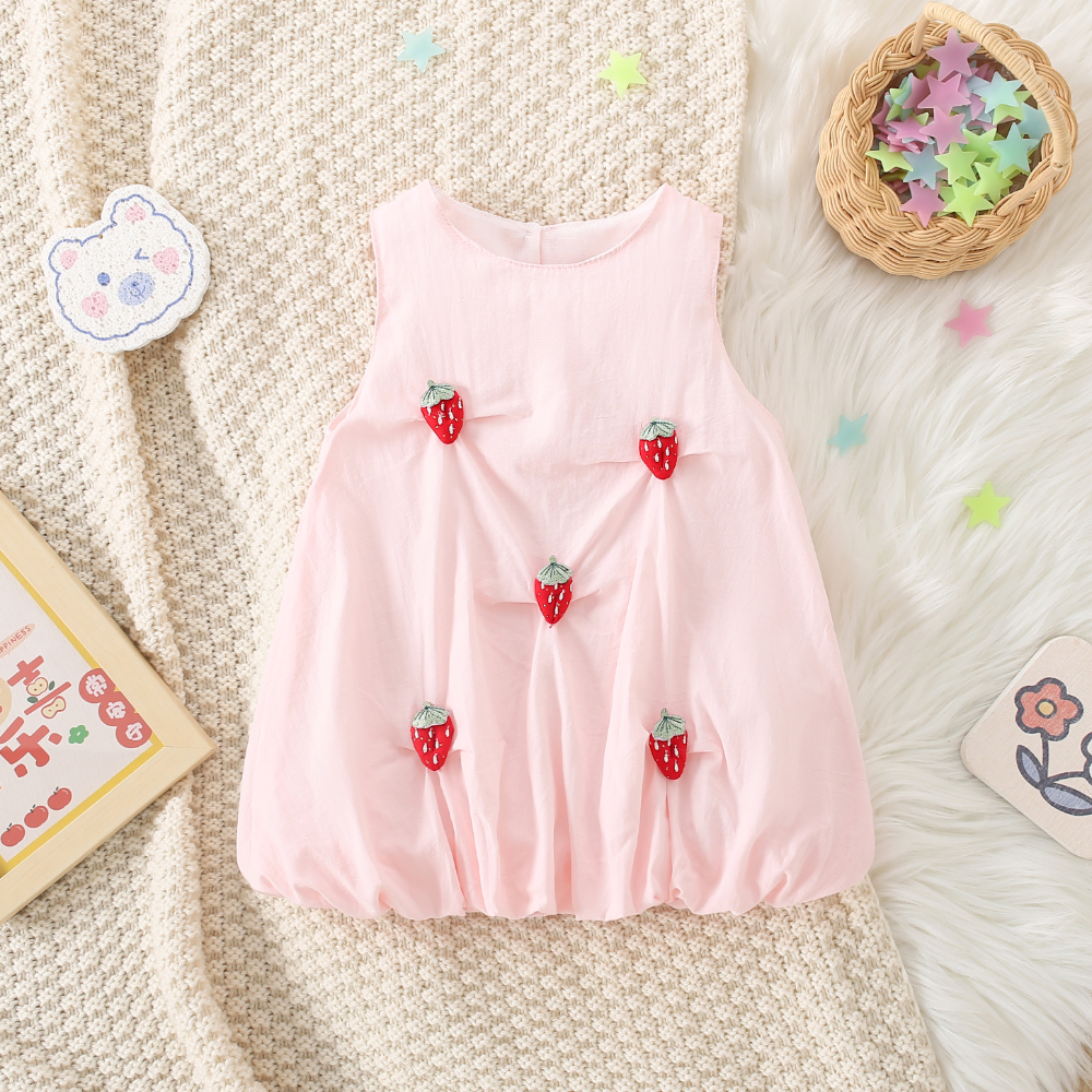 Vestido de verano transpirable para niña, sin mangas, de color liso, con un bonito patito de juguete decorativo._voghion.com
